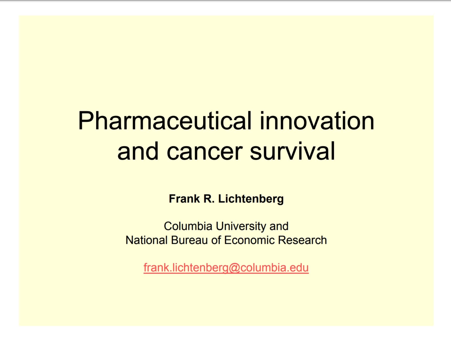 "Pharmaceutical Innovation and Cancer Survival" presentation cover.