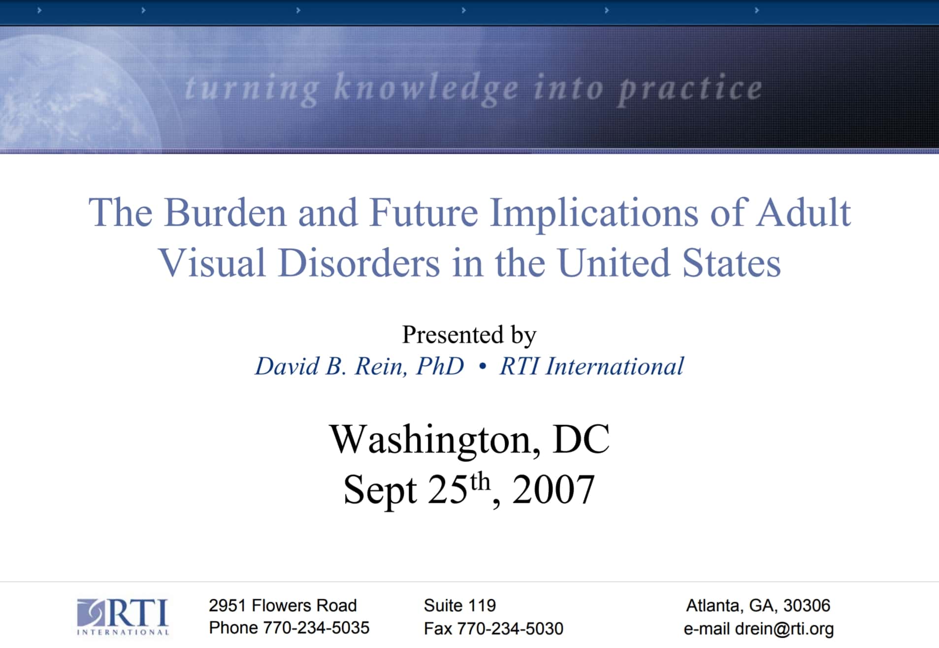 "Burden and Future Implications of Adult Visual Disorders" presentation cover.