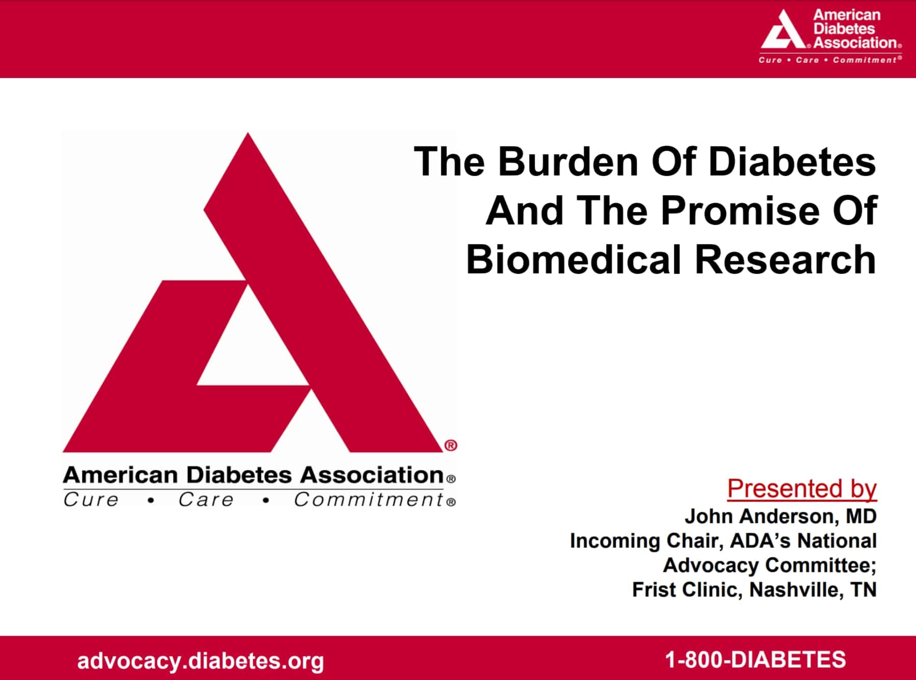 "Burden of Diabetes and the Promise of Biomedical Research" presentation cover.