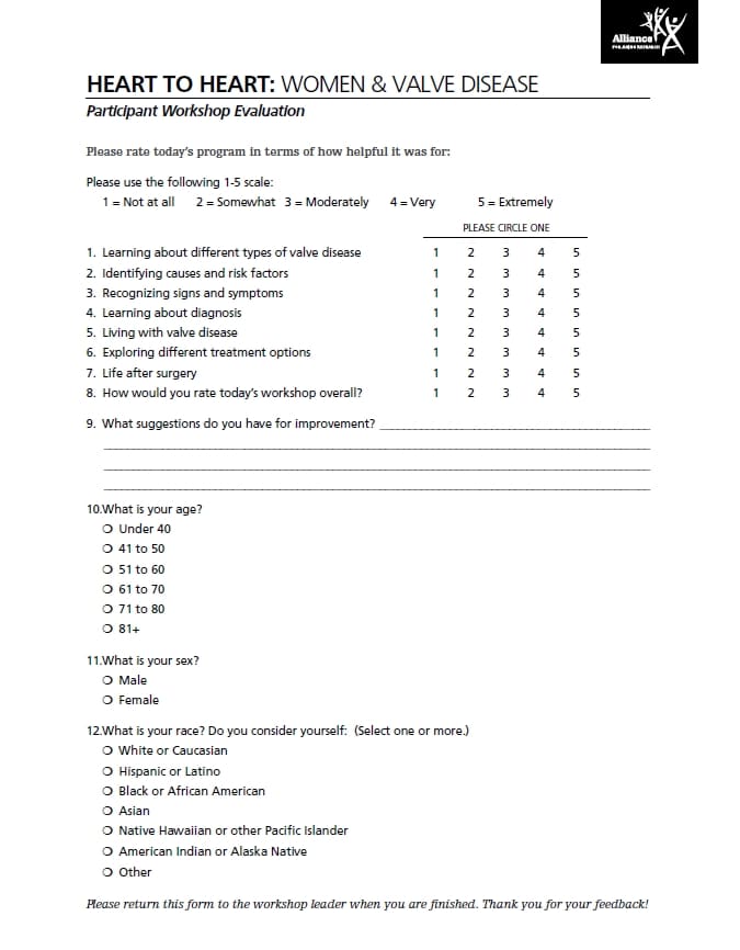 "Women with Valve Disease: Leader Evaluation Form page 2.
