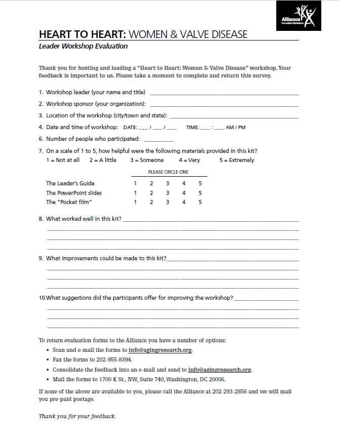 "Women with Valve Disease: Leader Evaluation Form page 1.