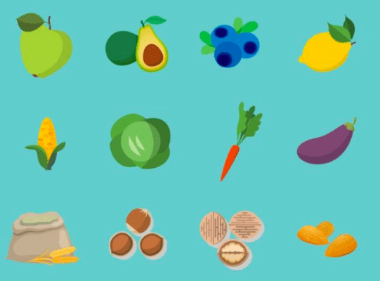 Cartoon fruits, vegetables, and nuts.