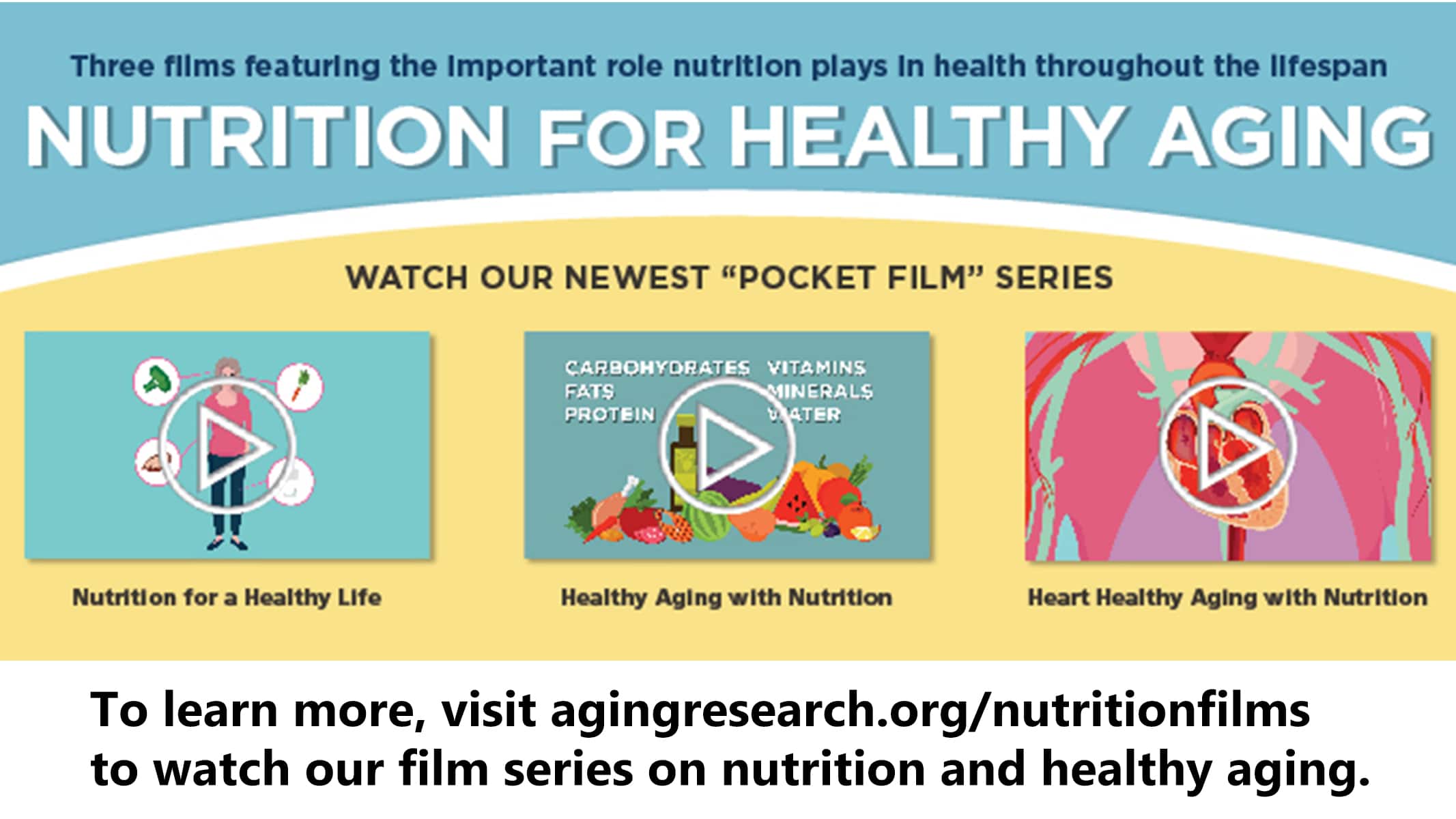 Banner with three covers of pocket films on nutrition for healthy aging.