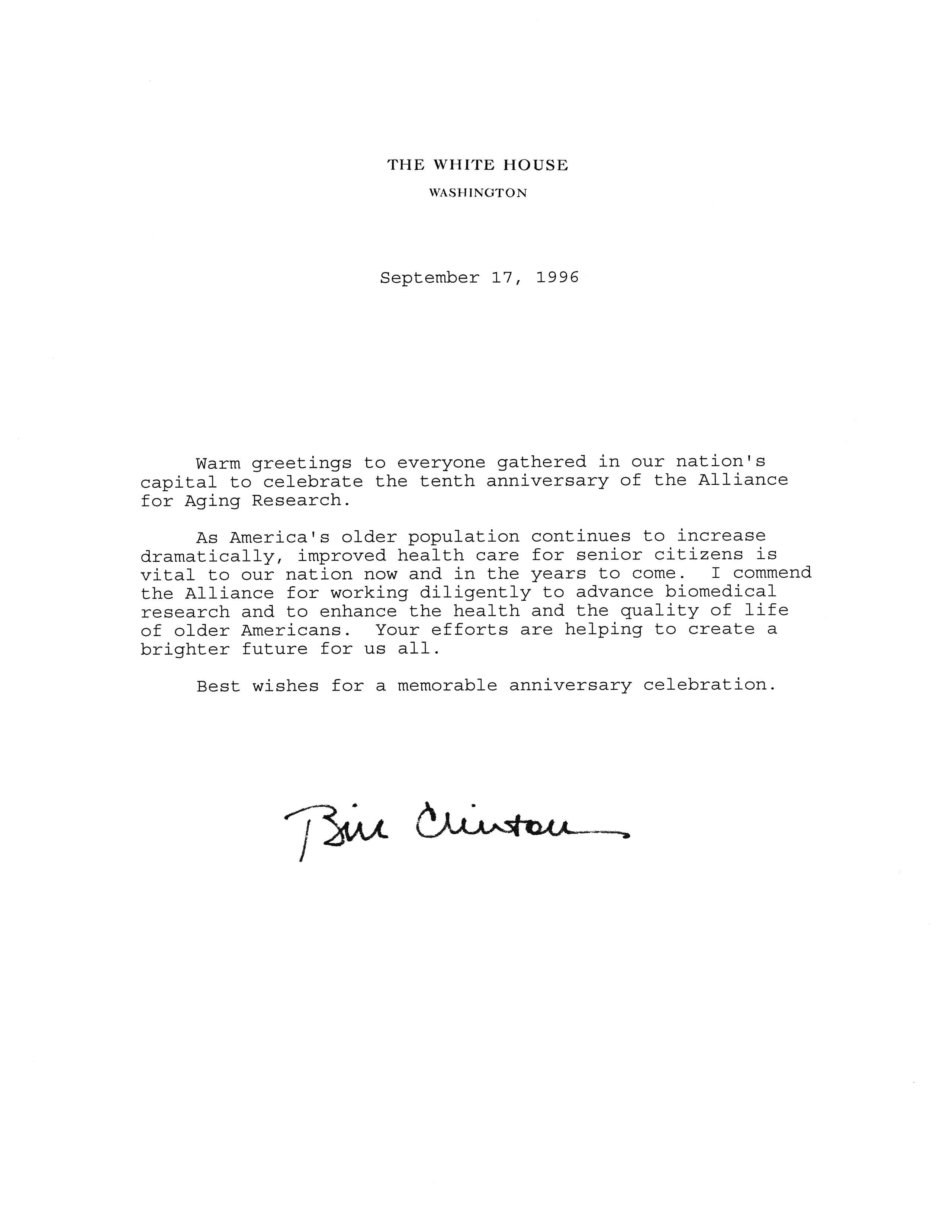 Letter signed by Bill Clinton celebrating the 10th anniversary of the Alliance for Aging Research.