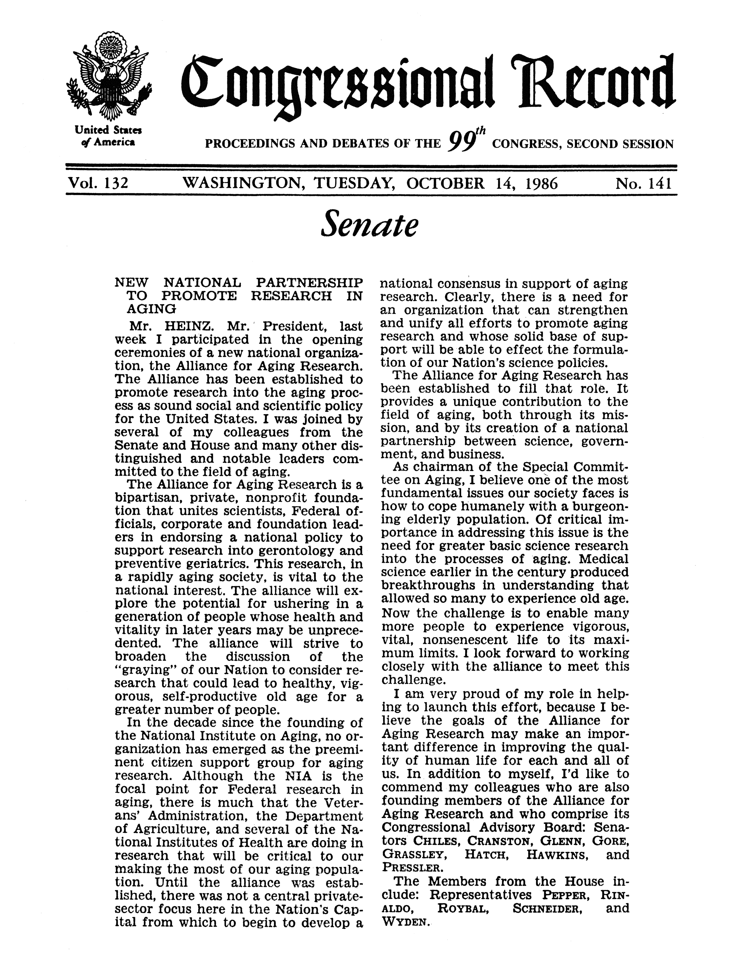 Annoucement in the Congressional Record from 1986 announcing the Alliance for Aging Research.