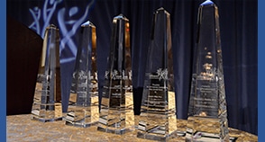 Crystal Alliance for Aging Research trophies.