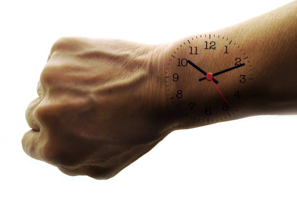 Human arm with analog clock overlaid.
