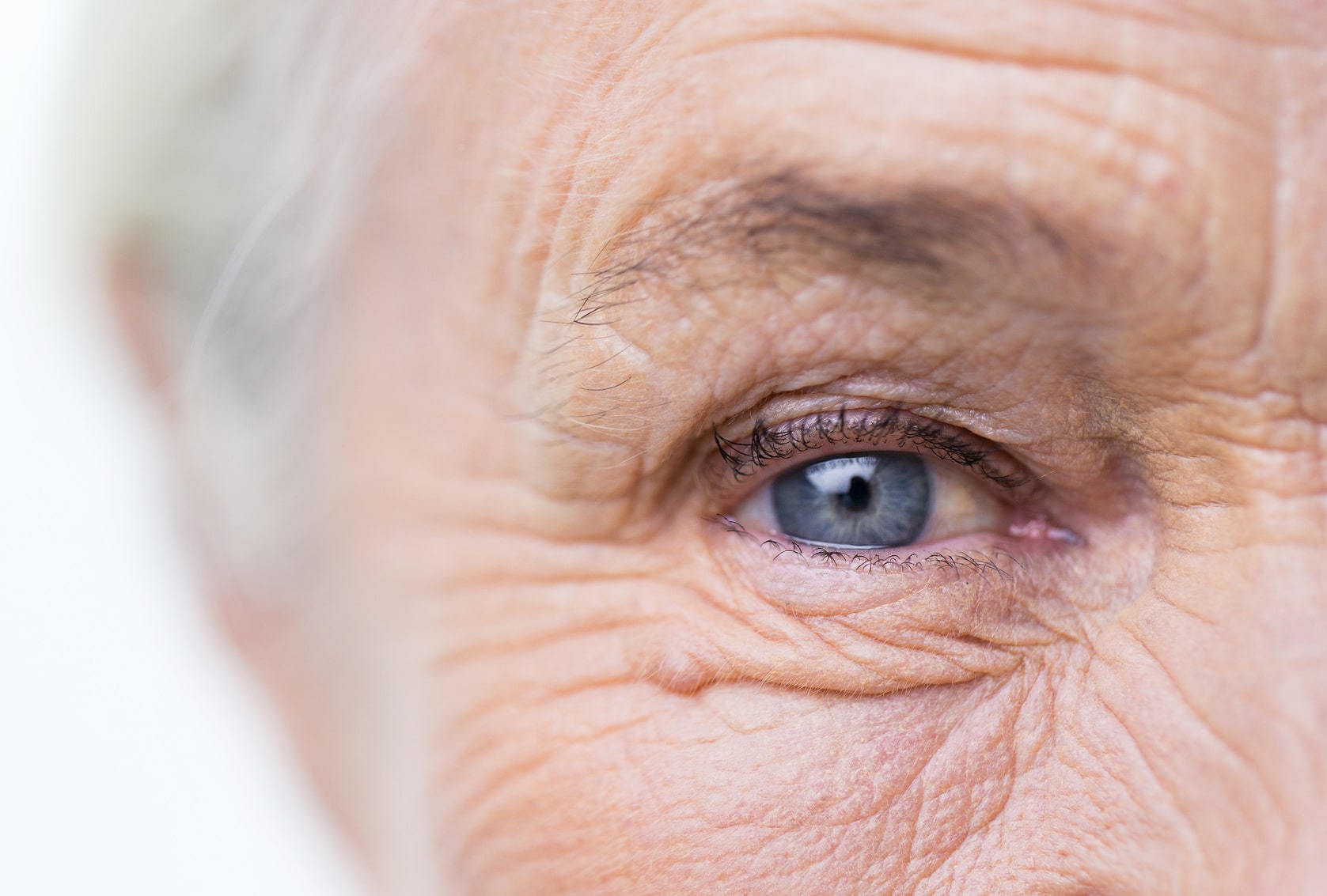 Close-up of a senior's blue eye.