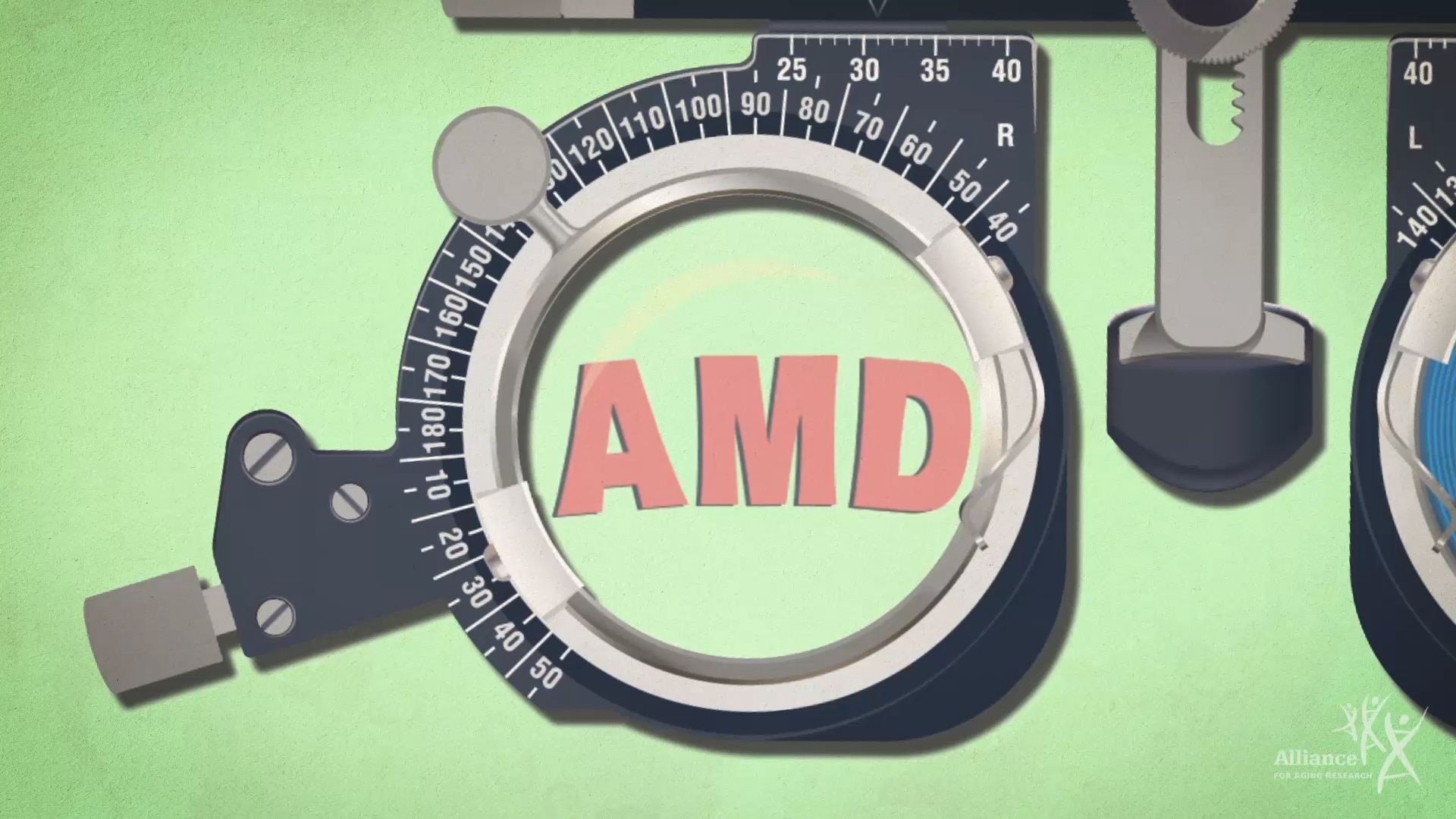 Eye exam equipment with text "AMD."