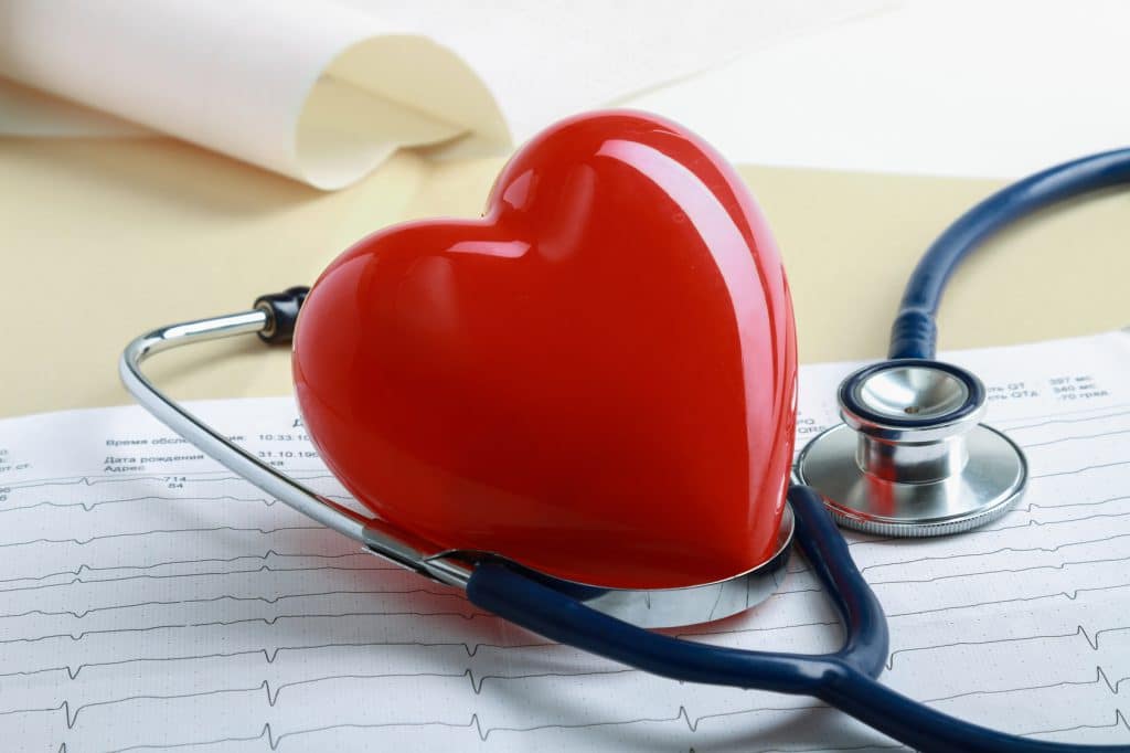 Stethoscope and plastic heart lying on an ecocardiogram.
