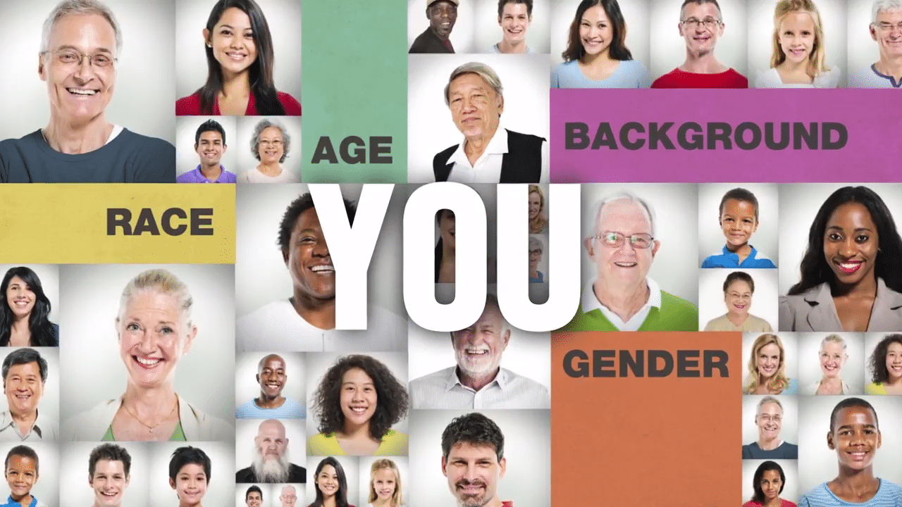 Diverse individuals with text "race, age, gender, background, you."