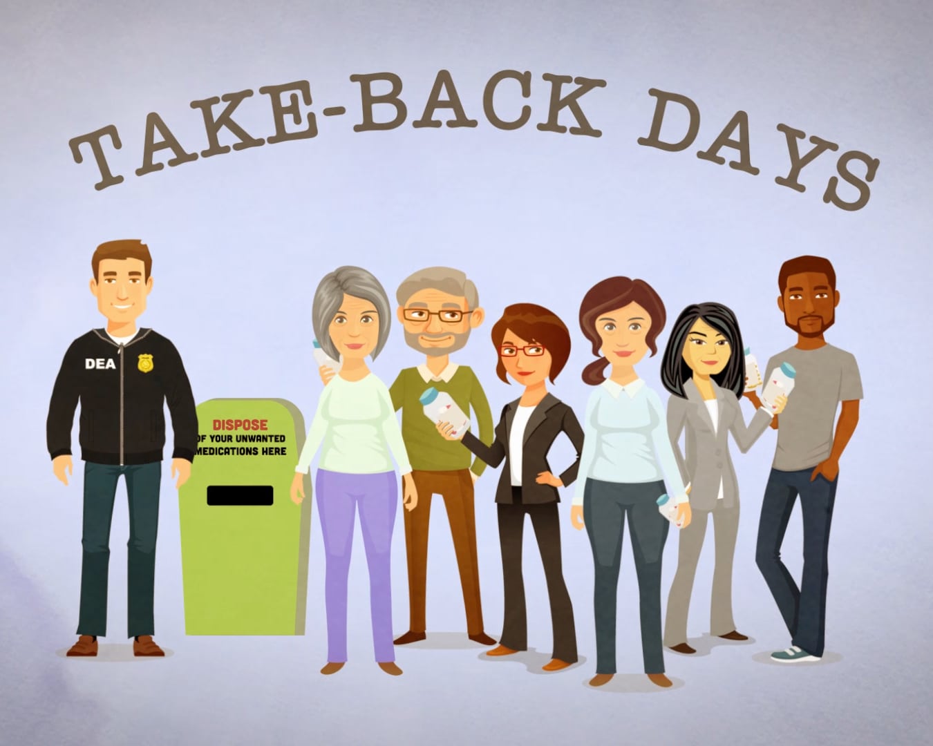 Cartoon figures at disposal box with text "take-back days."