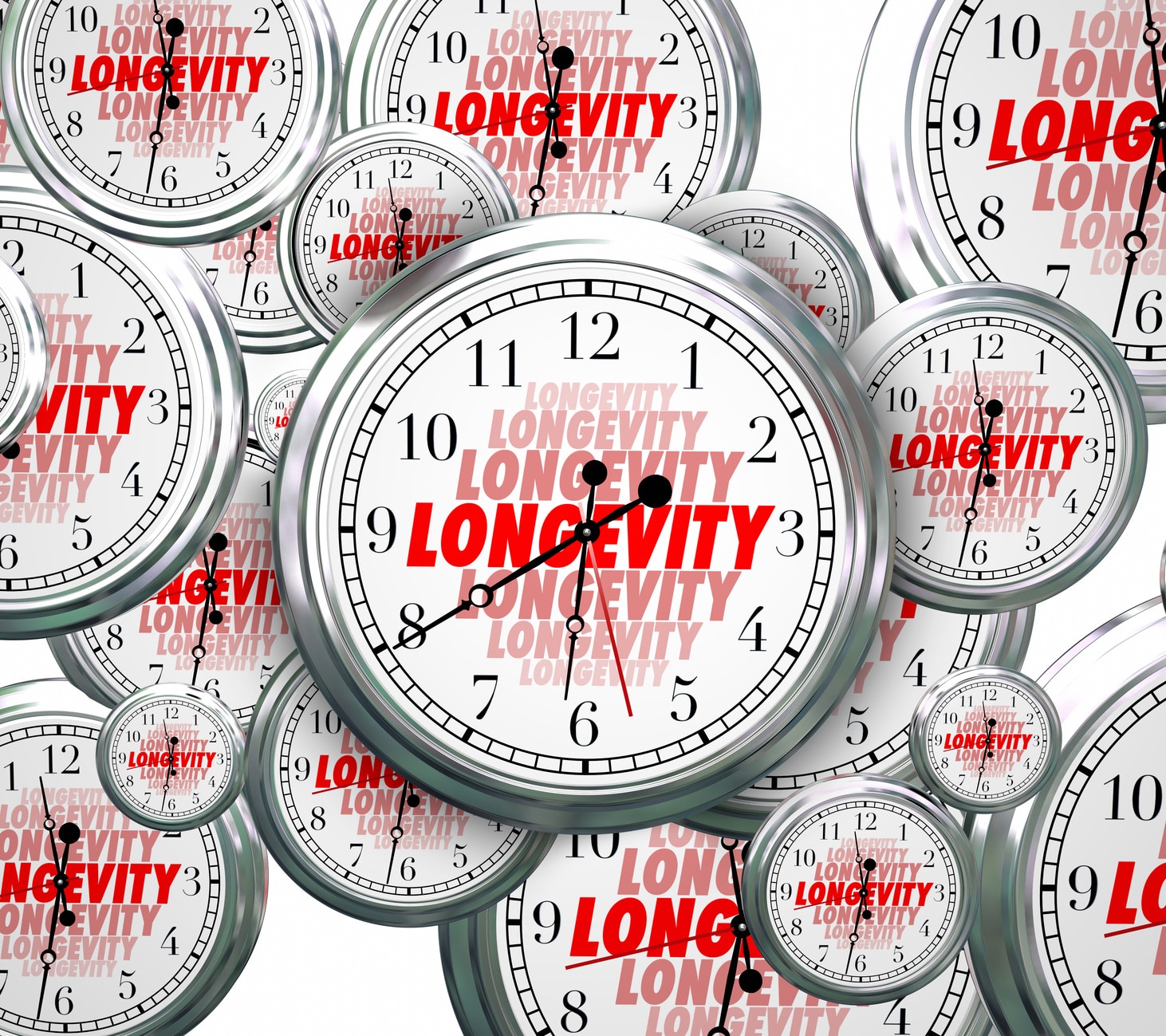 Many analog clocks with repeating text "longevity."