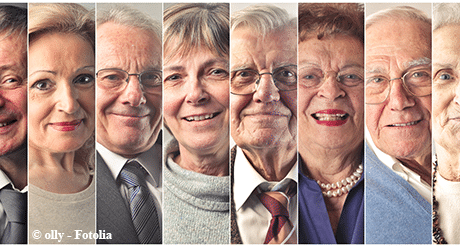 Several portraits of smiling older adults.