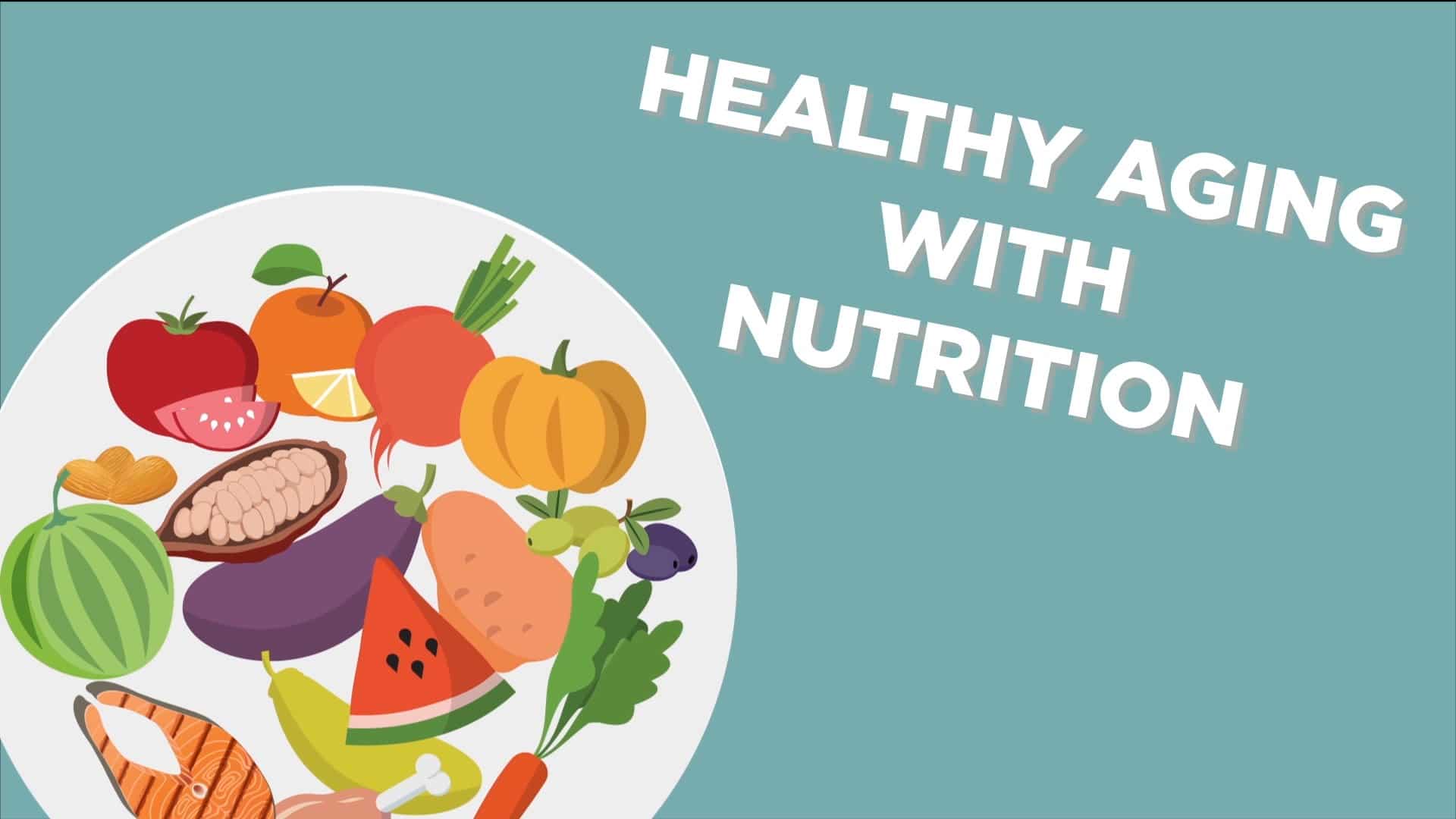 Plate of healthy food with text "healthy aging with nutrition."
