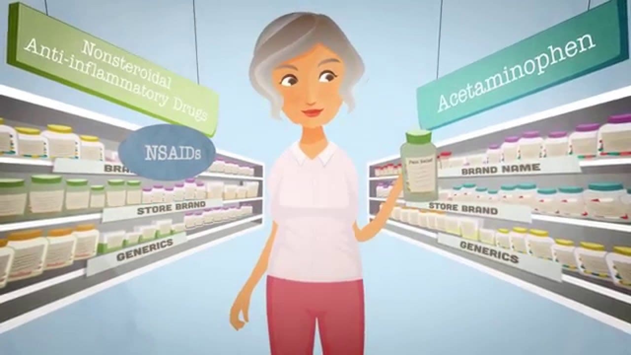 Cartoon senior woman standing in store aisle comparing OTC pain medications.