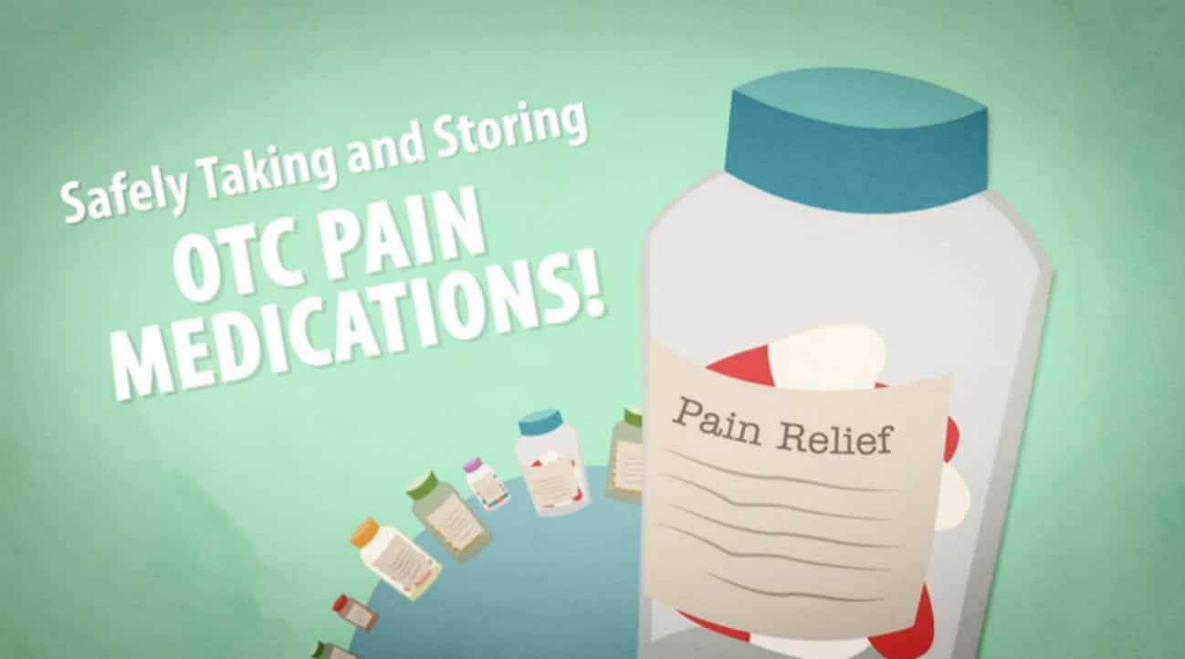 Cartoon pill bottle with text "safely taking and storing OTC pain medications."