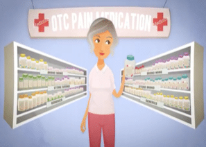 Cartoon older woman in store comparing OTC pain medication.