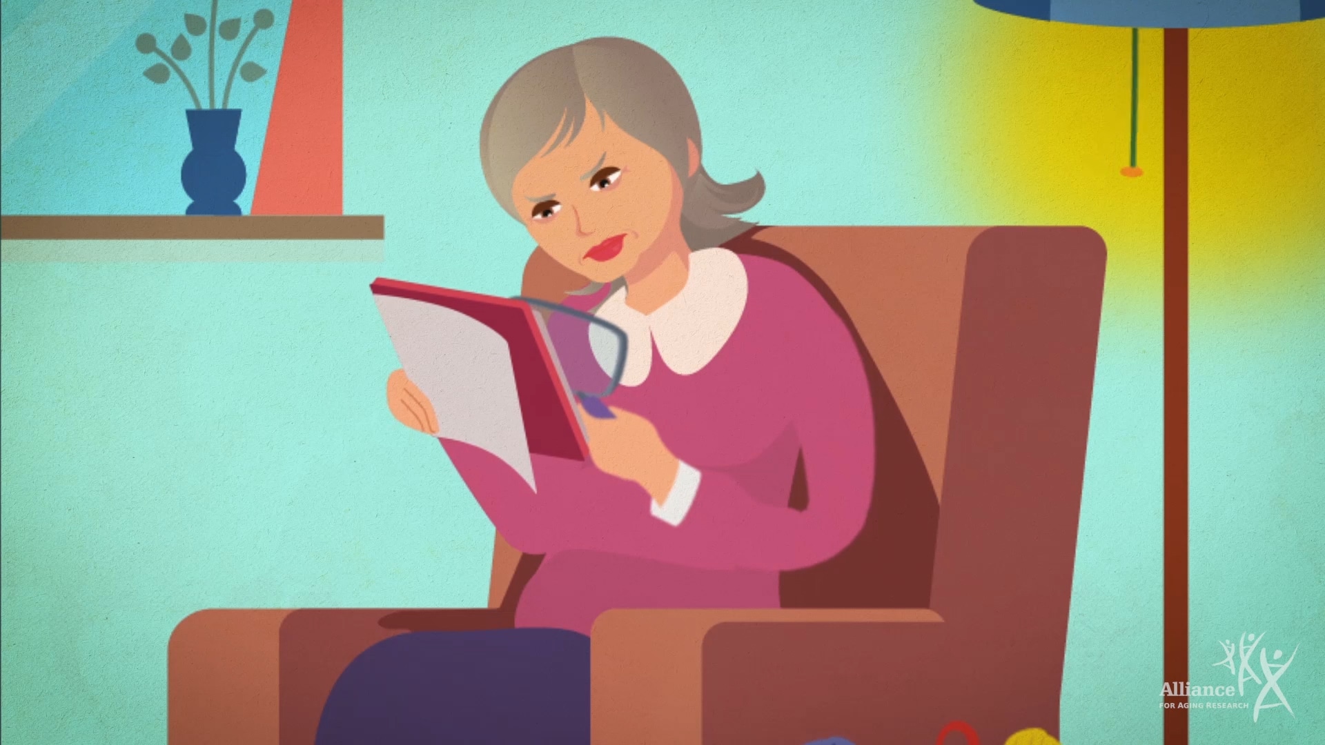 Cartoon elderly woman reading with magnifying glass.