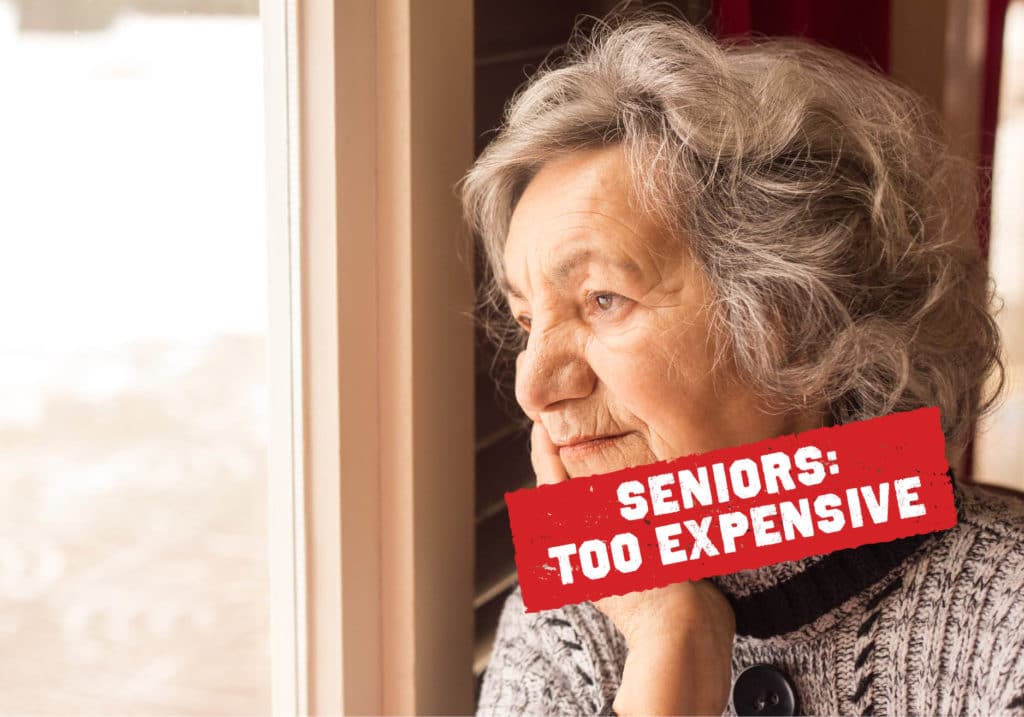 Concerned elderly woman looking out window with overlaid text "Seniors: Too Expensive."