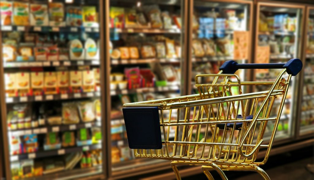 Shopping cart in grocery store.