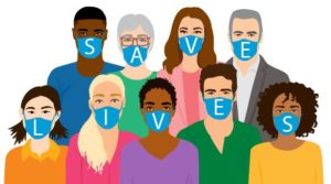 Illustration of a group of people wearing masks. Each mask has a letter and the letters spell "Save Lives".