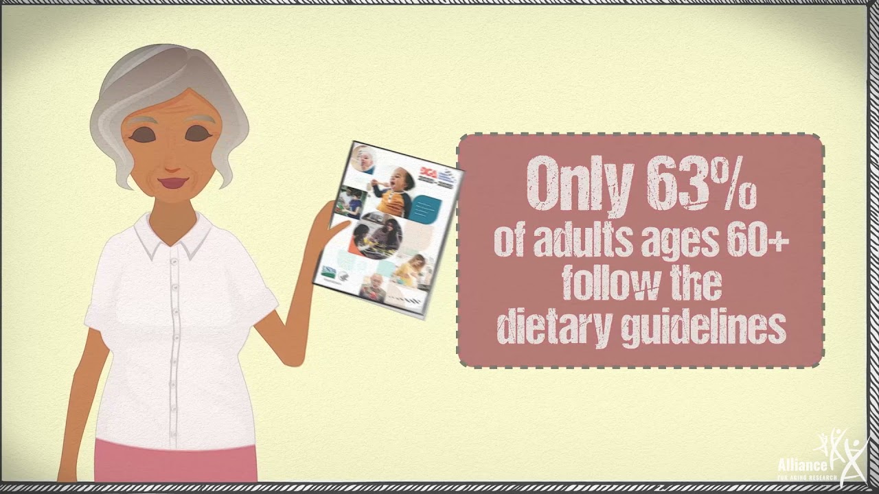 Cartoon senior woman holding newsletter with text "only 63% of adults ages 60+ follow the dietary guidelines."