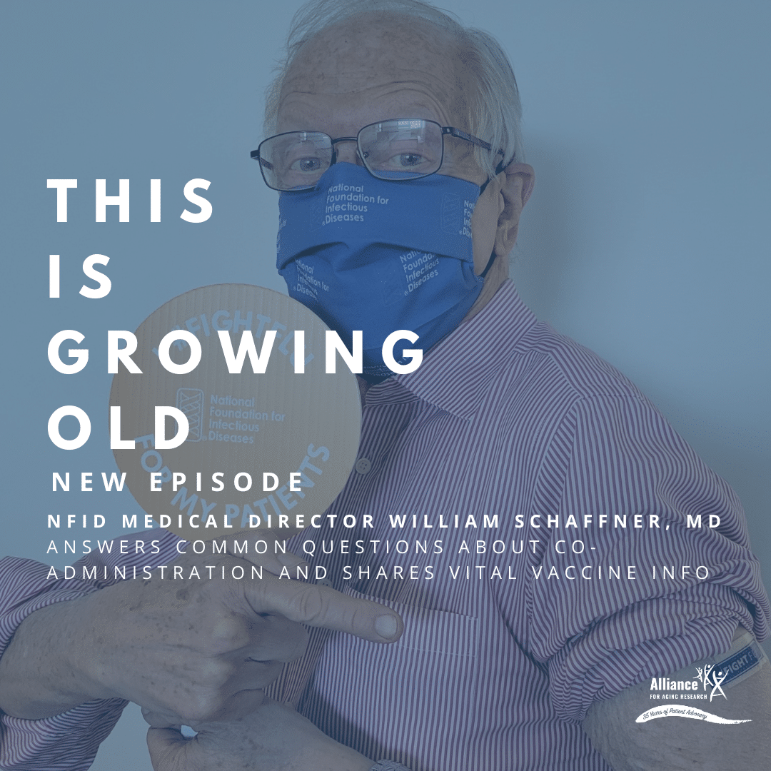 "This is Growing Old" podcast cover with portrait of Dr. William Schaffner.