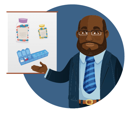 Illustration of a man pointing to medication on a chart.