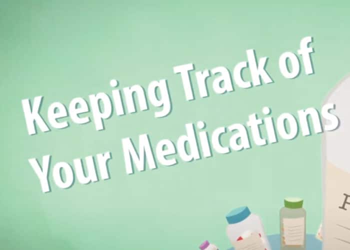 Illustration of medication bottles in the background with text over them that reads, "Keeping Track of Your Medications".