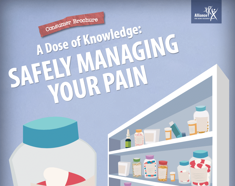 Illustration of medication bottles on shelves with the text, "Consumer Brochure... A Dose of Knowledge: SAFELY MANAGING YOUR PAIN" and the Alliance for Aging Research logo in the top right corner.