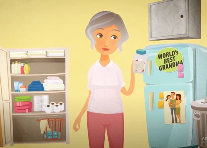 Illustration of woman holding a medication bottle in her kitchen.
