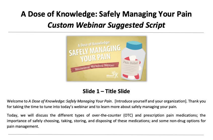 Screenshot of top of PDF titled, "A Dose of Knowledge: Safely Managing Your Pain Custom Webinar Suggested Script".