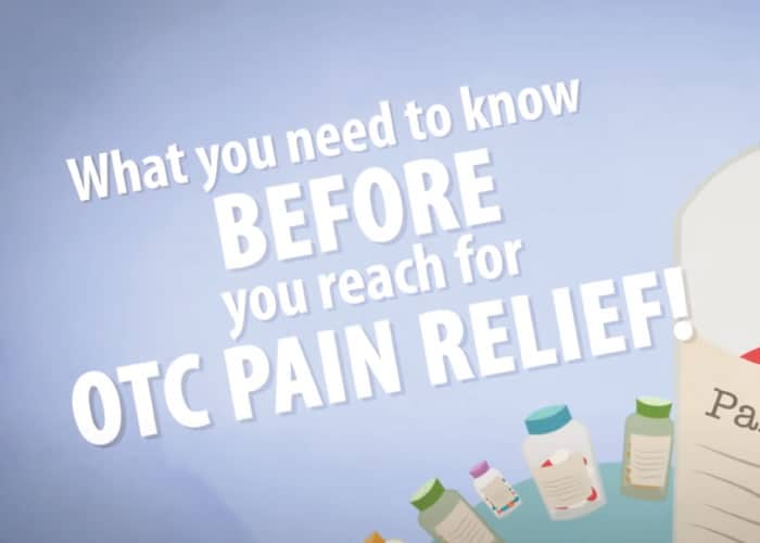 Illustration of medication bottles in the background with text over them that reads, "What you need to know BEFORE you reach for OTC PAIN RELIEF!"