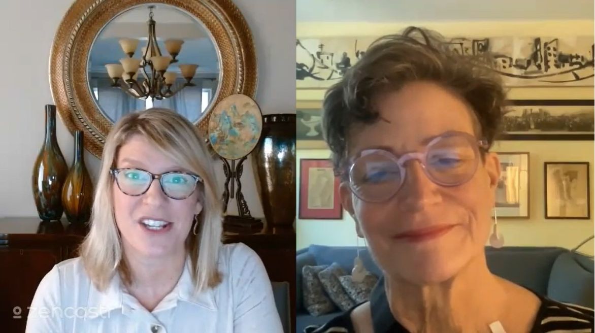 Screen capture showing Susan Peschin and Ashton Applewhite recording a podcast for This is Growing Old.