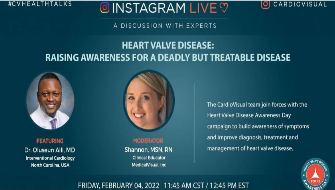 Screen shot of an Instagram Live event with Dr. Oluseun Alli for Heart Valve Disease Awareness Day 2022.