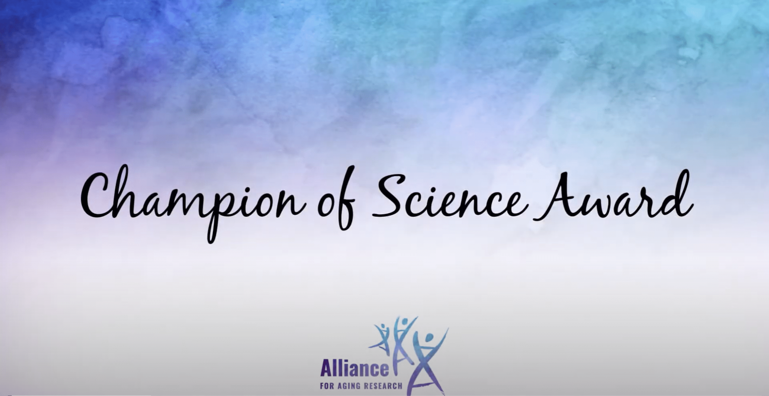 Title slide for Champion of Science Award at Alliance 2020 event.
