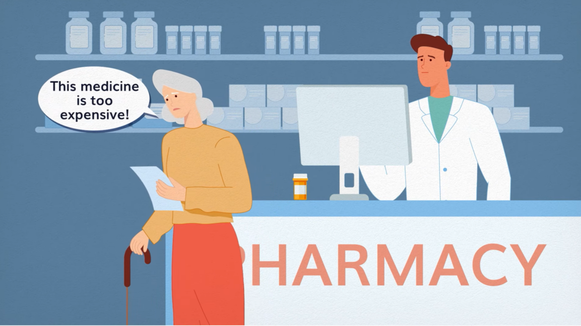 Illustration of a woman buying expensive medicine at the pharmacy.