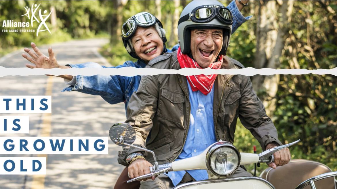 Cover image for This is Growing Old podcast with two happy seniors riding a moped.