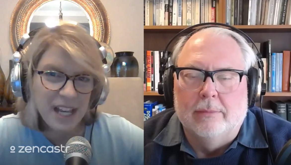 Screen shot of Sue Peschin and Vital Transformation’s Managing Director Duane Schulthess recording a podcast for This is Growing Old.