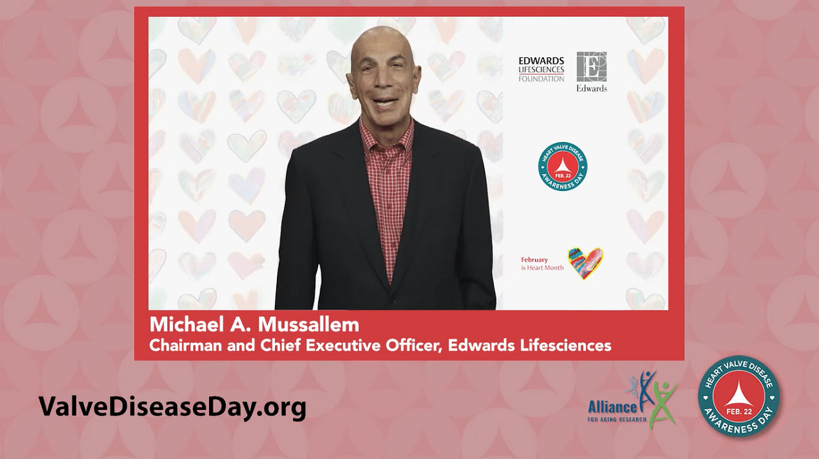 Screen shot of Michael A. Mussallem speaking at the Heart Valve Disease Awareness Day event in 2021.