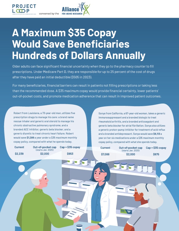Two older adults at the pharmacy counter with thought bubbles above them detailing how much money a flat copayment model for Medicare Part D would save them.