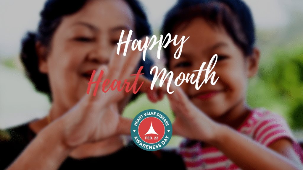 "Happy Heart Month" over a photo of older woman and child making a heart sign with hands.