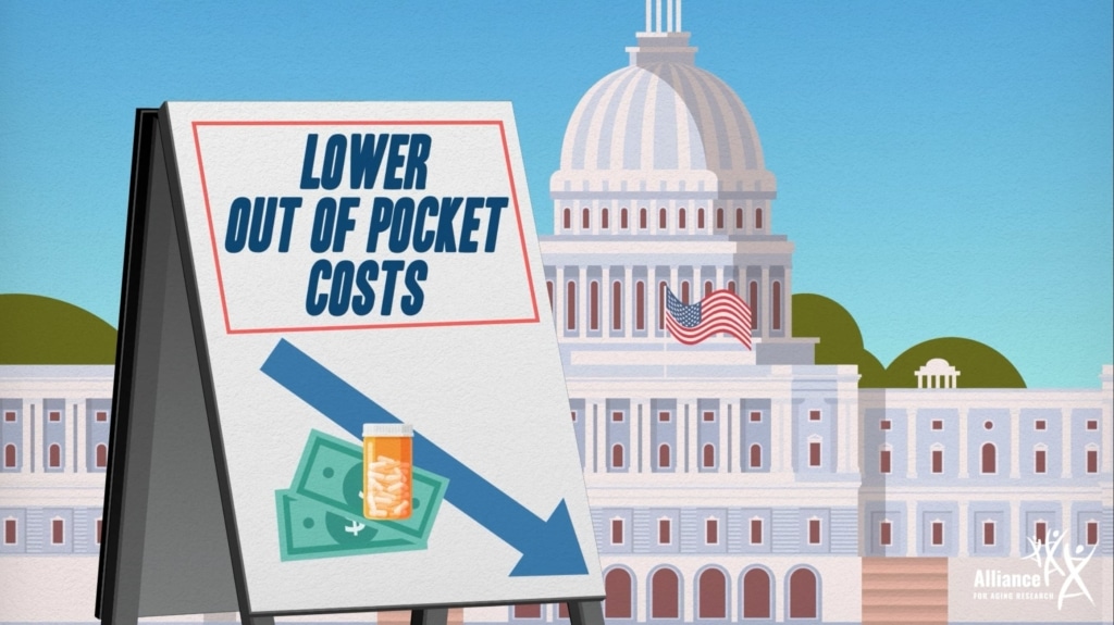 Cartoon image of the U.S. Capitol building with a sign that says “Lower Out of Pocket Costs”