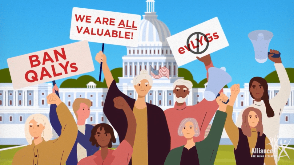 Animated graphic of people protesting outside of the U.S. Capitol with signs that say "Ban QALYS" and "We Are All Valuable."