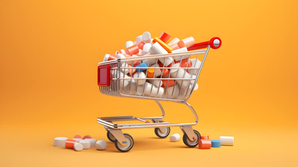 Miniature shopping cart filled with prescription pills.