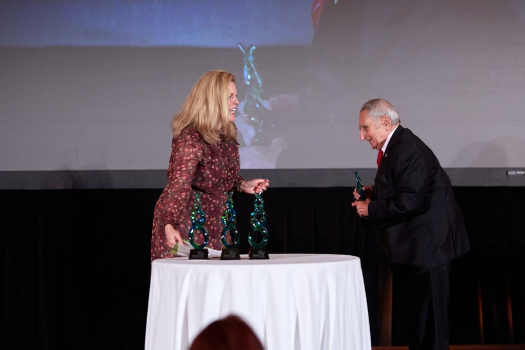 Henry Buchwald, MD, PhD, Professor of Surgery and Biomedical Engineering and the Owen H. and Sarah Davidson Wangensteen Chair in Experimental Surgery Emeritus at the University of Minnesota, accepts the Silver Innovator Award from Kim Zimmerman, Senior Vice President and Head of Federal Government Affairs at AdvaMed. This award is presented to an individual who anticipates and embraces the evolution of high-quality research aligned with the needs of older patients.