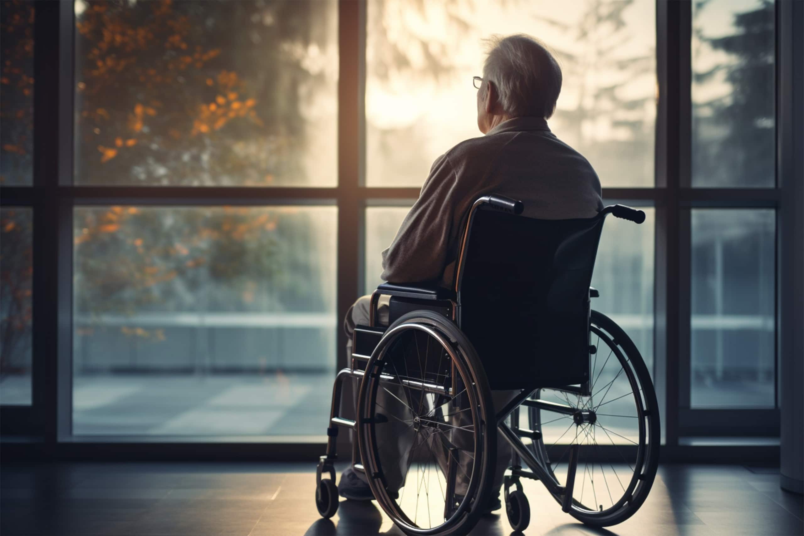 Older man sitting in wheelchair facing out window at sunrise.