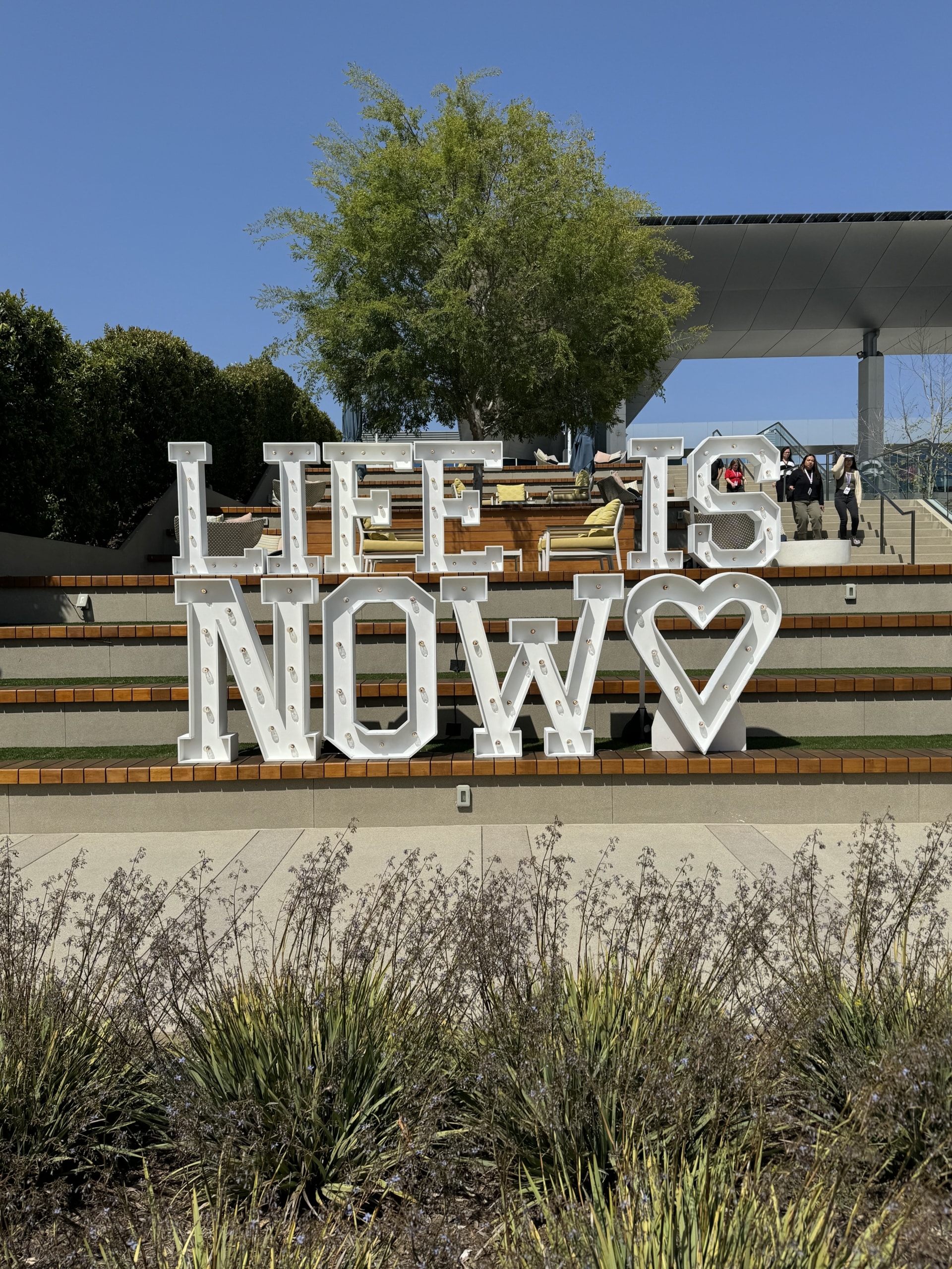 "Life is Now" lighted sign on the Edwards Lifescience campus in Irvine, Calif.