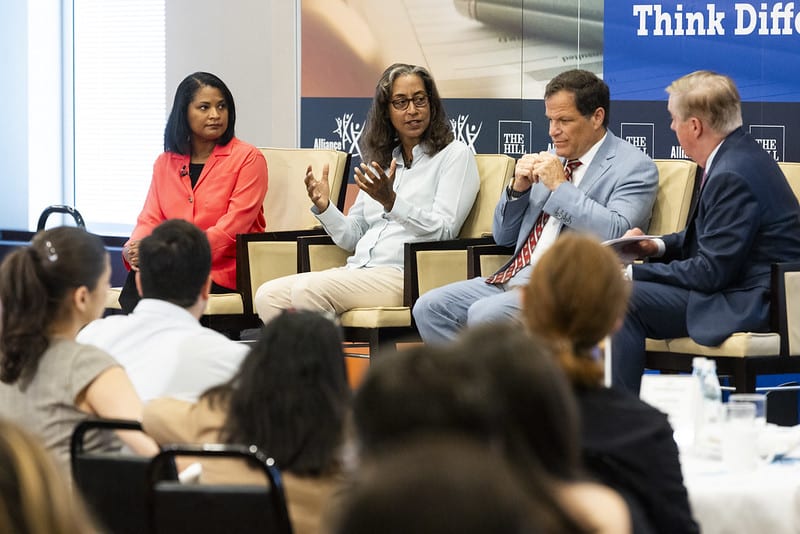 Steve Scully (far right) moderates the panel including (from left) Daneen Sekoni, Dr. Jennifer Ellis, and Dana Goldman.